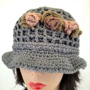 Madison 88 Lined Gray Crochet Cloche Bucket Hat with Floral Accents